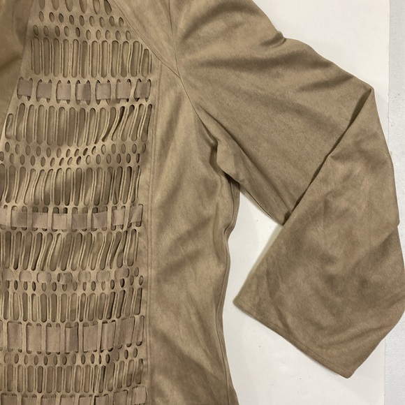 Chico's Faux Suede Lightweight Jacket Open‎ Front Light Brown Fringe Size L - Picture 6 of 9